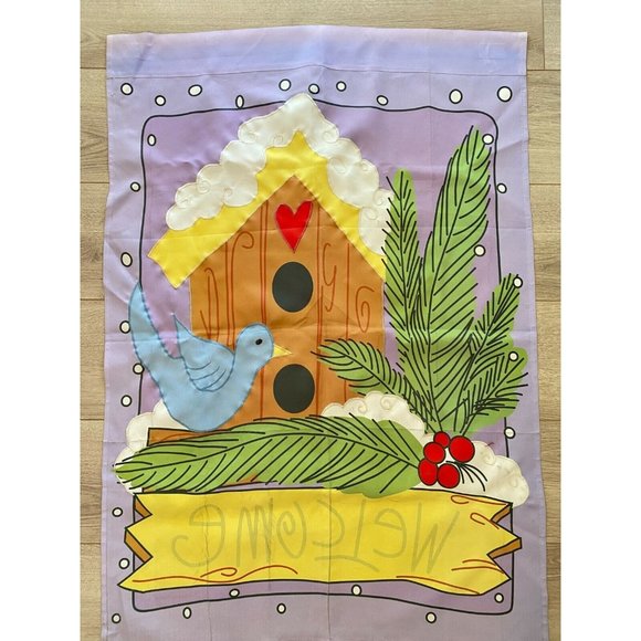 Large Christmas House Flag Welcome Birdhouse Blue Bird Pine Red Berries 28x39" - Picture 4 of 4